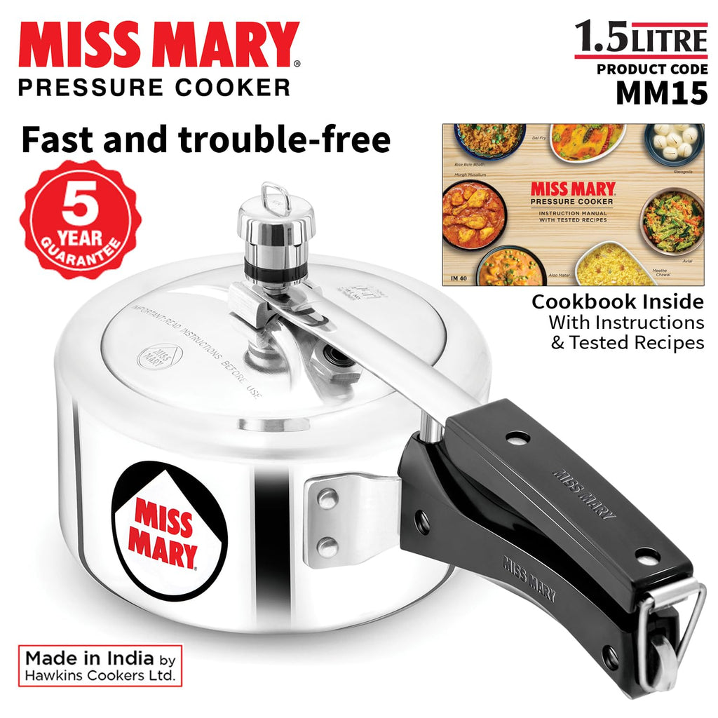 Hawkins 1.5 Litre Miss Mary Pressure Cooker, Small Inner Lid Baby Cooker, Silver (MM15)