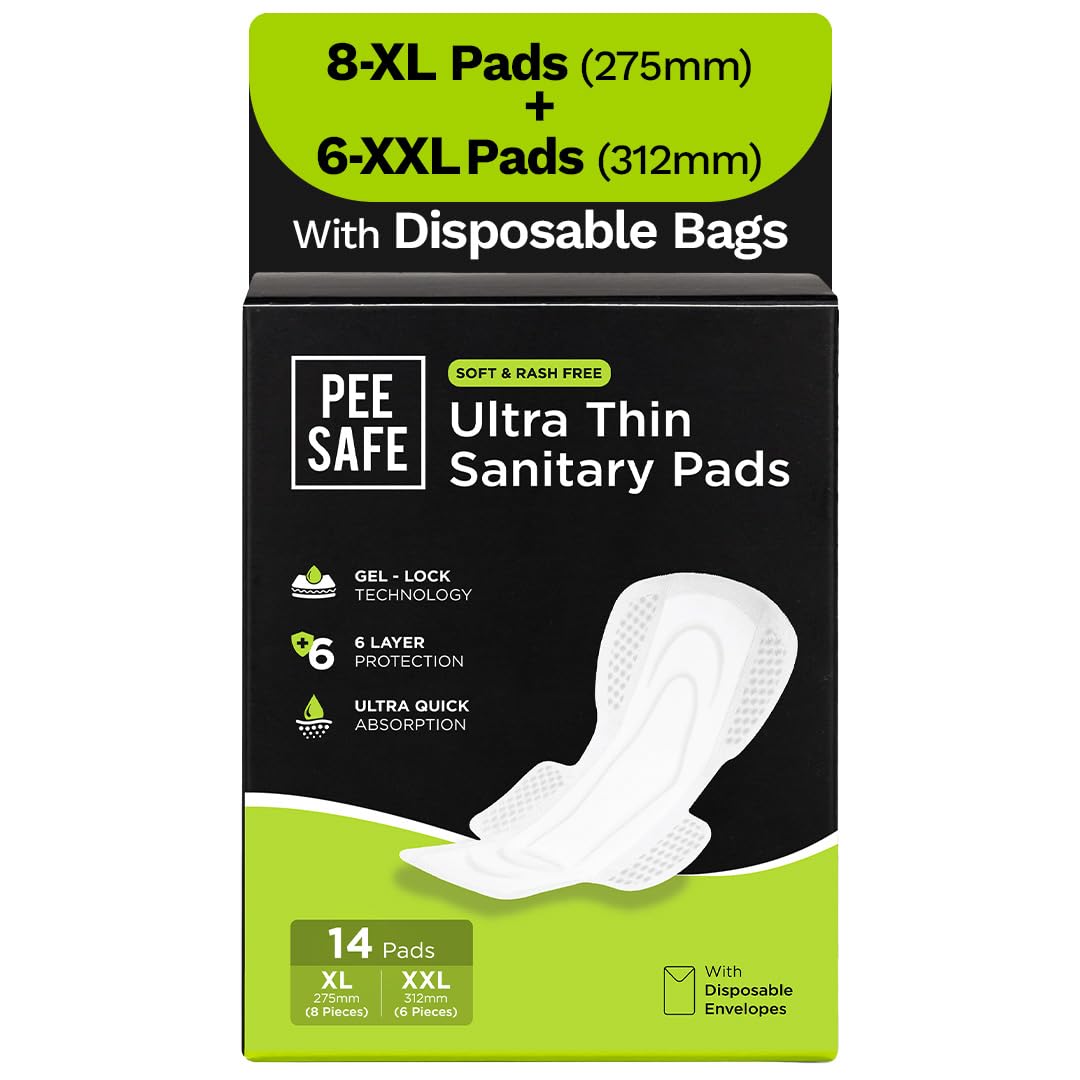 Pee Safe Comfort Ultra Thin Pads | 14 Pcs (8 XL+6 XXL) | Dual Wings | Ultra Soft, Toxin Free, Extra Long, Disposable Wrapper, 6 Layer Deep Absorption,...