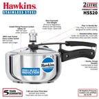 Hawkins 2 Litre Pressure Cooker, Stainless Steel Inner Lid Cooker, Induction Cooker, Small Cooker, Silver (HSS20)