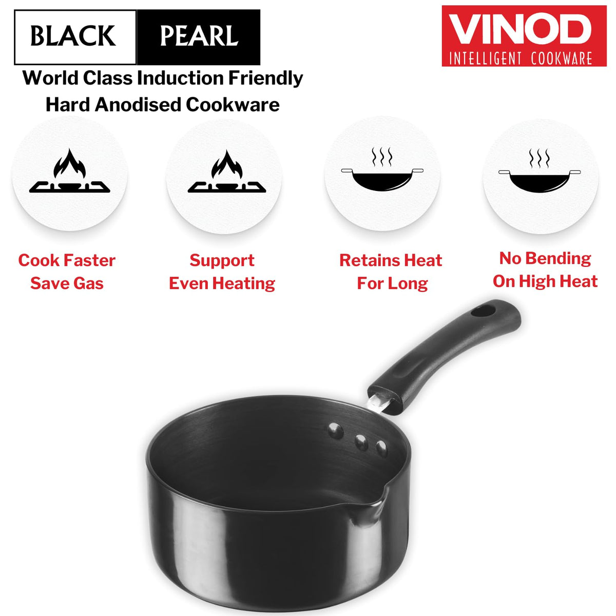 Vinod Black Pearl Hard Anodised Saucepan 1.7 Litre, 16cm | 3.25mm Thick | Metal Spoon Friendly | Ezee Pour Spout | Bakelite Handle | Toxin Free | 2 Year Warranty - Black