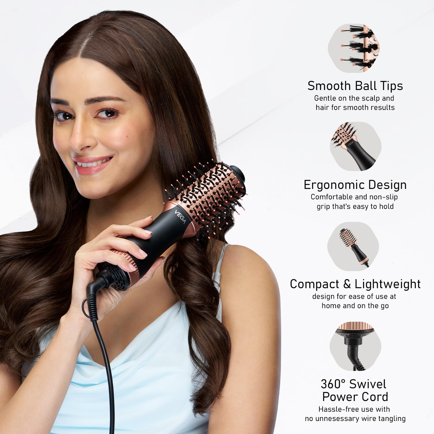 VEGA Litstyle L3 Volumizer Hair Blow Dryer Brush With 3 Heat/2 Speed Settings, 360° Airflow Vent, 3 in 1 Compact Hot Air Brush For Women, Tourmaline Ceramic