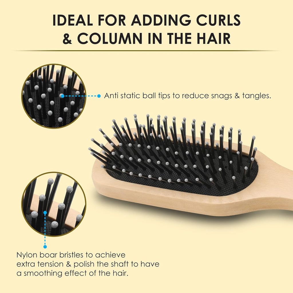 AGARO Prime Wooden Flat Hair Brush with Strong & flexible nylon bristles, having Anti- static ball tips, For Grooming, Volumising & Back Brushing, ideal for Men & Women