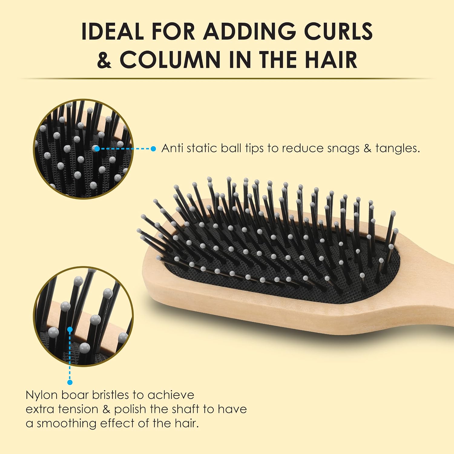 AGARO Prime Wooden Flat Hair Brush with Strong & flexible nylon bristles, having Anti- static ball tips, For Grooming, Volumising & Back Brushing, ideal for Men & Women