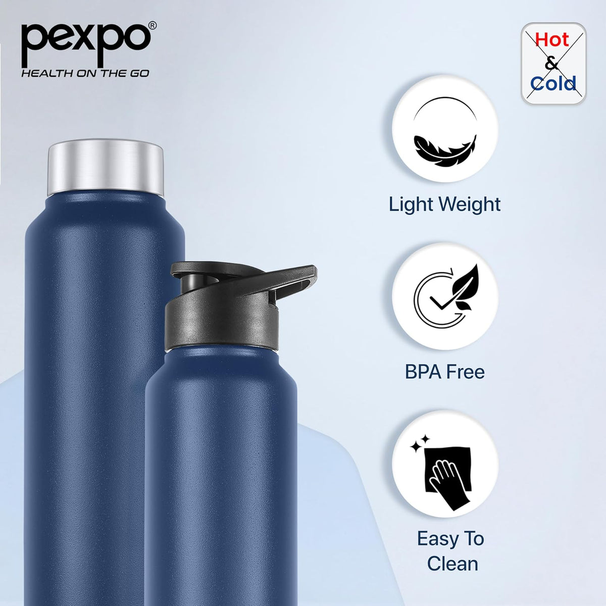 Stainless Steel Water Bottle Chromo Denim Blue 950ml Dual Cap Lightweight single-wall water bottle with leakproof lid, BPA-free, ideal for school, office, gym, travel.