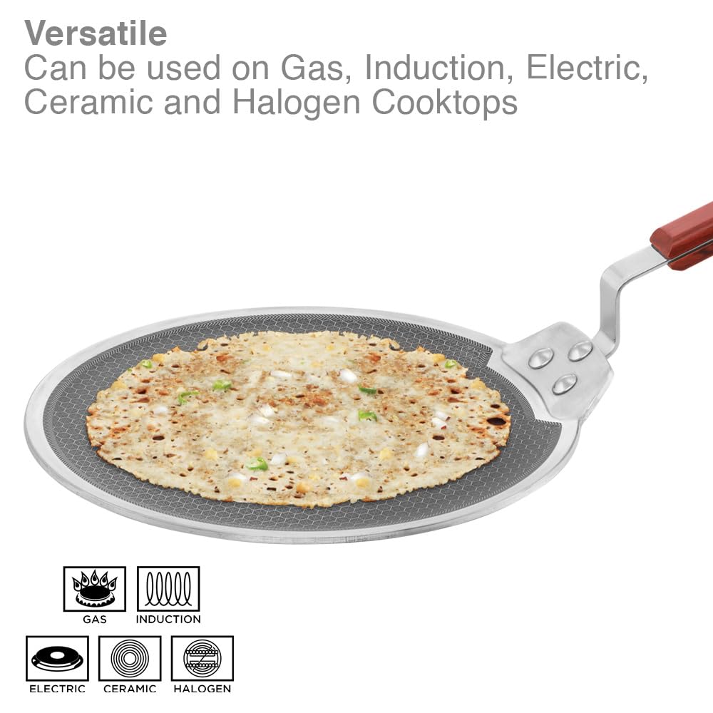 Hawkins 30 cm Dosa Tava, Triply Stainless Steel Shielded Nonstick Tawa with Rosewood Handle, Honeycomb Non Stick Induction Tawa, Silver (NSDT30)