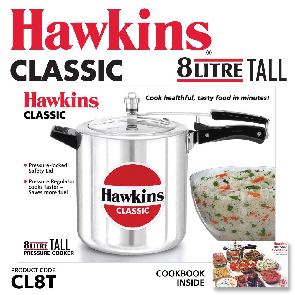 Hawkins Classic 8 Litre Pressure Cooker | Straight Body, Tall Design | Gas Compatible | Ideal for 8–10 persons | ISI Certified | 5 Year Guarantee | Silver...