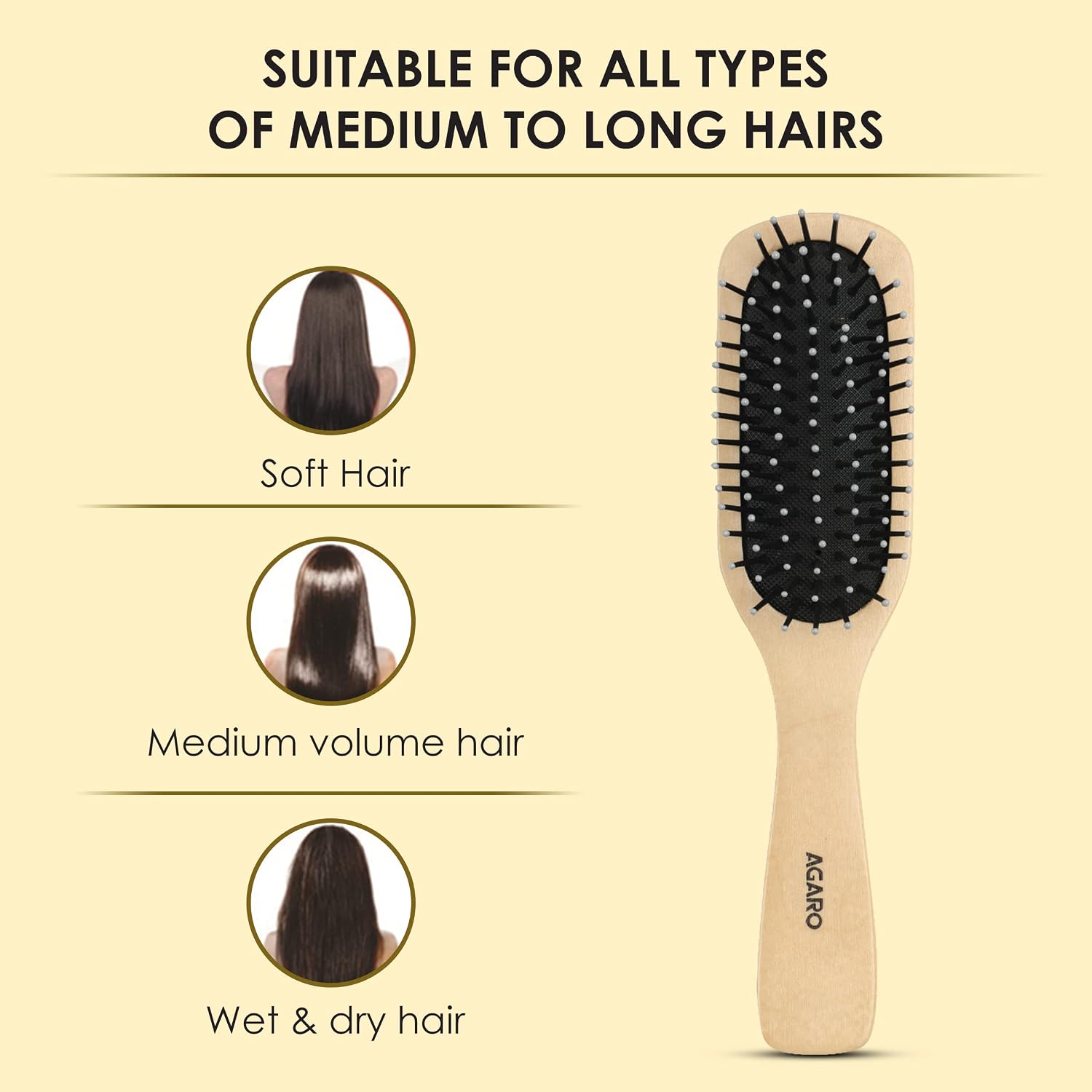 AGARO Prime Wooden Flat Hair Brush with Strong & flexible nylon bristles, having Anti- static ball tips, For Grooming, Volumising & Back Brushing, ideal for Men & Women