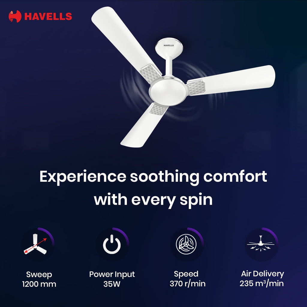 Havells 1200mm Enticer BLDC Prime Ceiling Fan| Compatible with Regulator & Remote| Upto 55% Energy Saving|