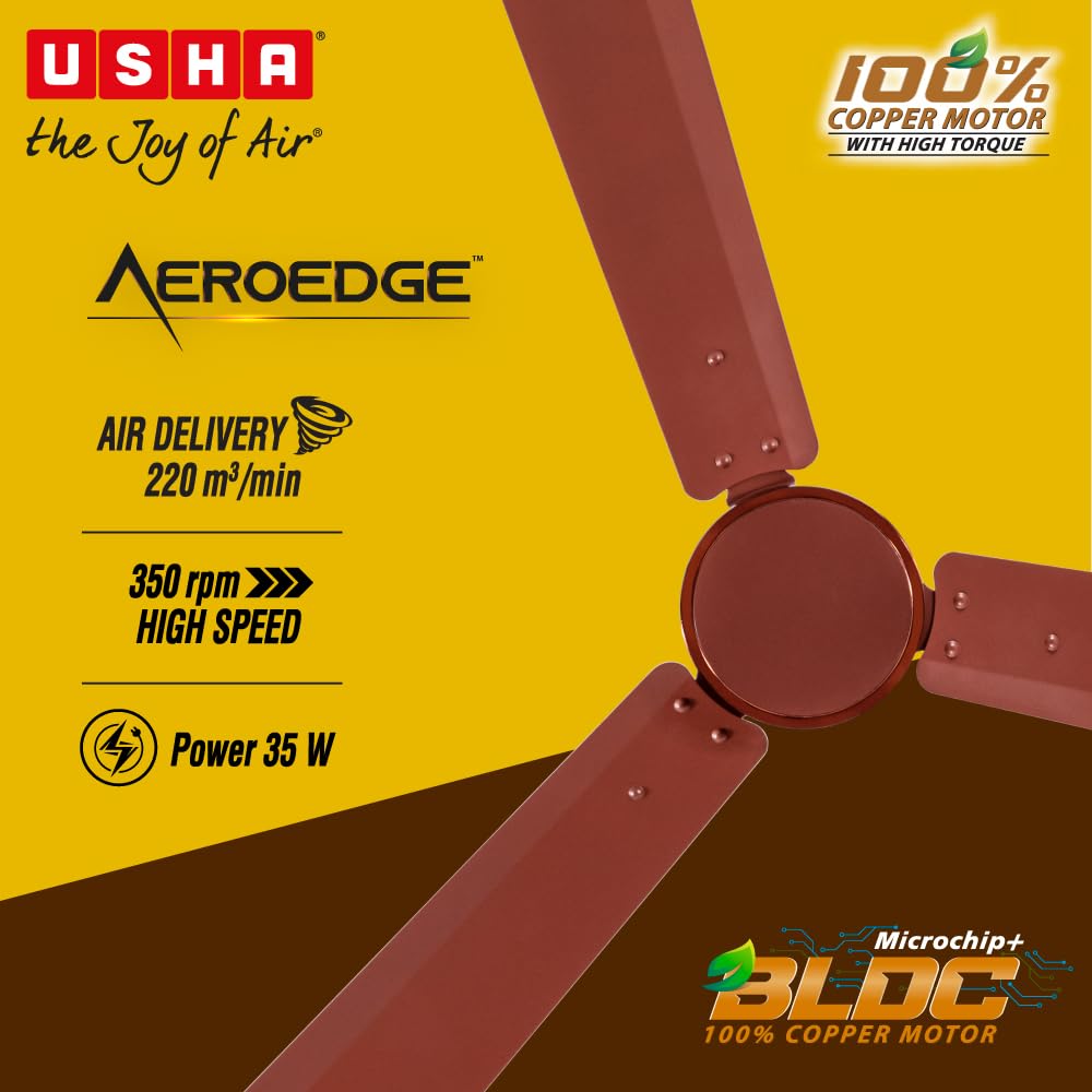 USHA Aeroedge 1200mm BLDC Ceiling Fan with RF Remote | BEE 5 Star Rated Energy Efficient | 100% Copper Motor | High Air Delivery 220CM | 3-Year Motor &...
