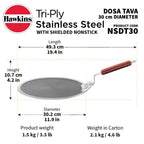 Hawkins 30 cm Dosa Tava, Triply Stainless Steel Shielded Nonstick Tawa with Rosewood Handle, Honeycomb Non Stick Induction Tawa, Silver (NSDT30)