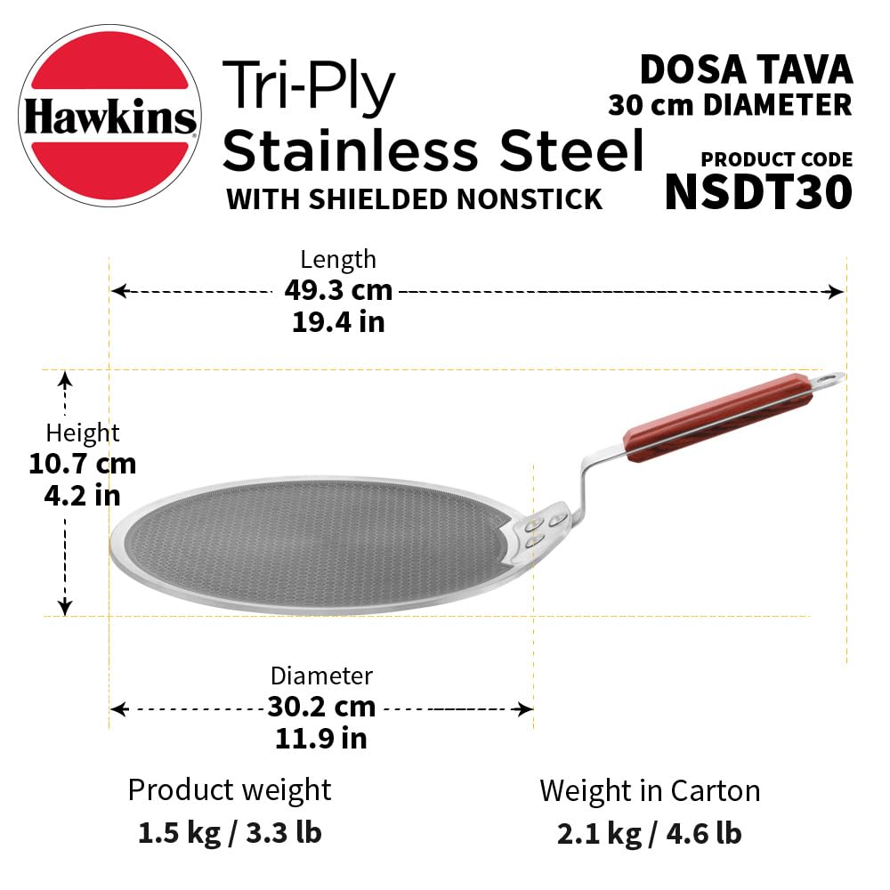 Hawkins 30 cm Dosa Tava, Triply Stainless Steel Shielded Nonstick Tawa with Rosewood Handle, Honeycomb Non Stick Induction Tawa, Silver (NSDT30)