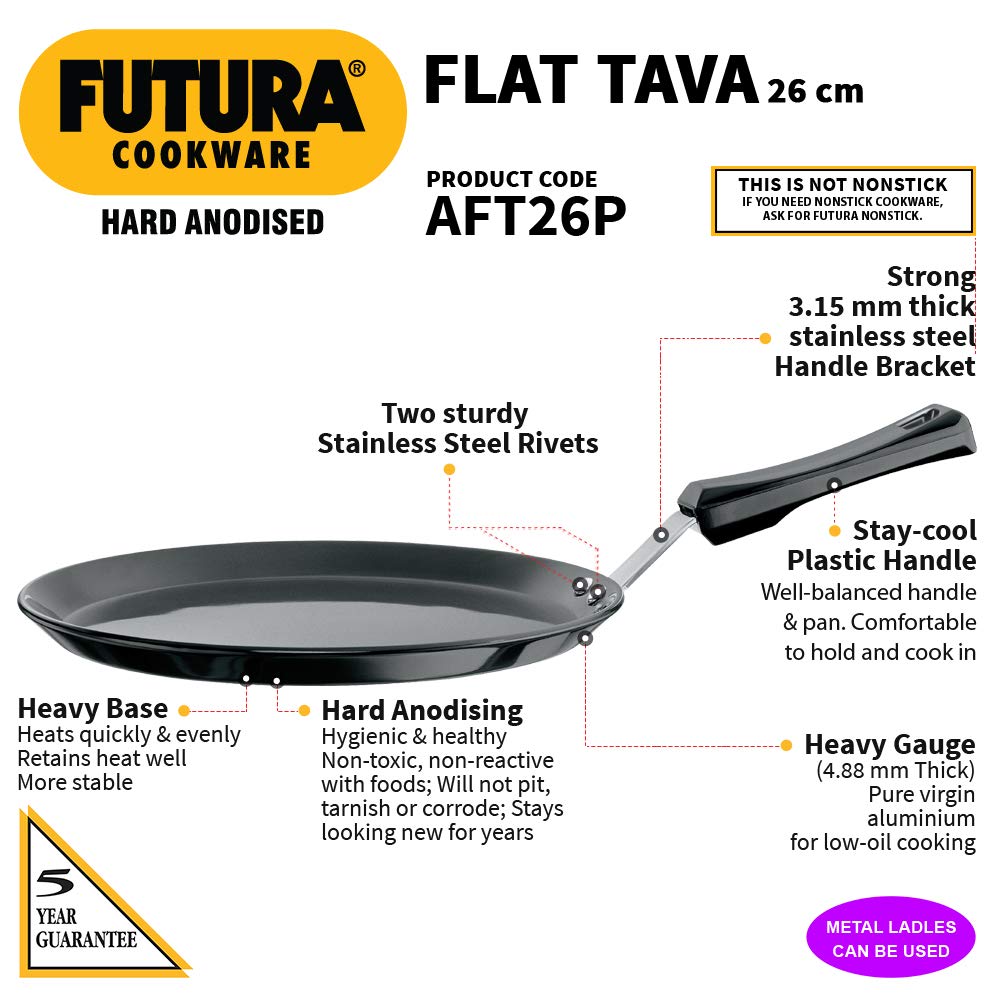 Hawkins Futura Hard Anodised Flat Tava 26 cm, 4.88 mm with Plastic Handle