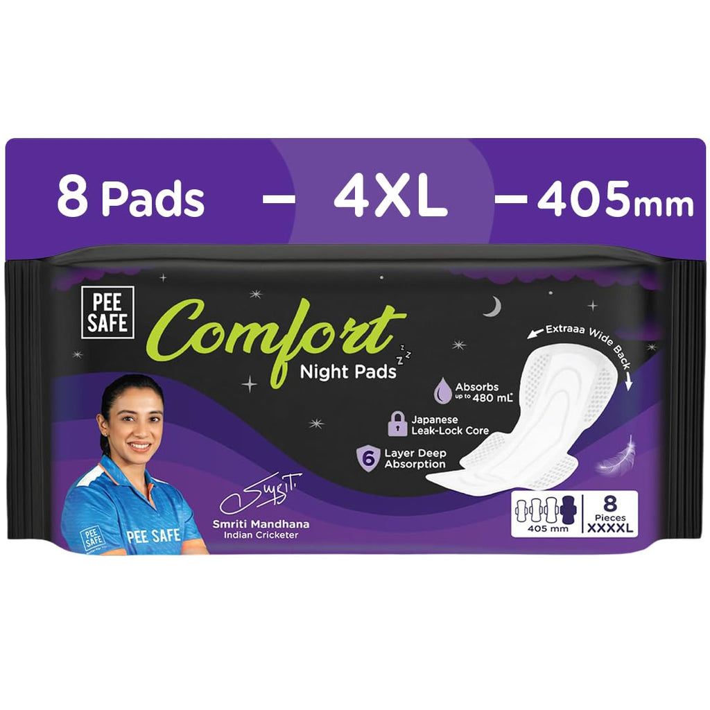 Pee Safe Comfort Night Pads XXXXL-8 Pads - 405Mm | 76% Longer | Heavy Flow Nights, Super Soft Topsheet, Dual Wings, Extra Wide Back, Overnight Protection,...