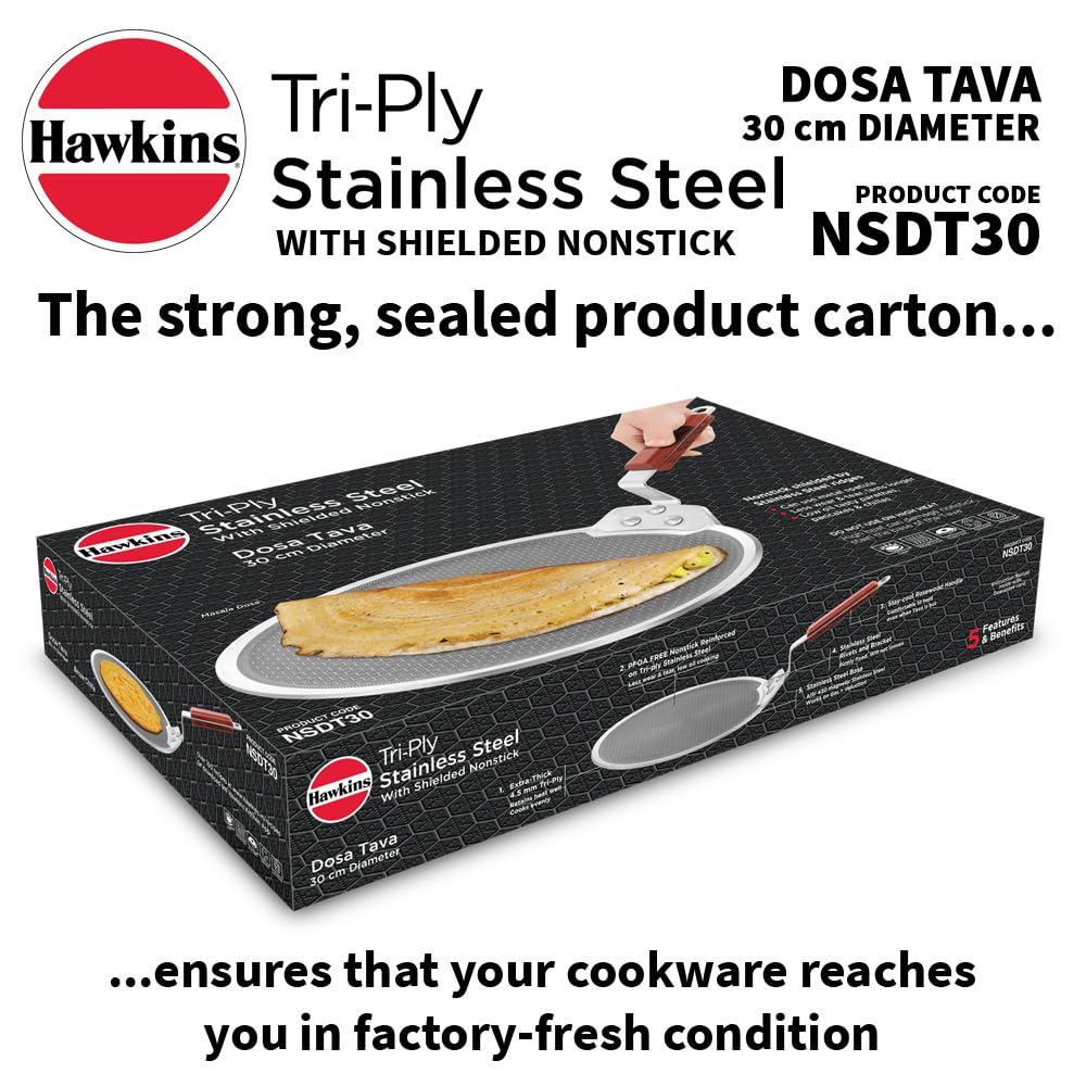 Hawkins 30 cm Dosa Tava, Triply Stainless Steel Shielded Nonstick Tawa with Rosewood Handle, Honeycomb Non Stick Induction Tawa, Silver (NSDT30)