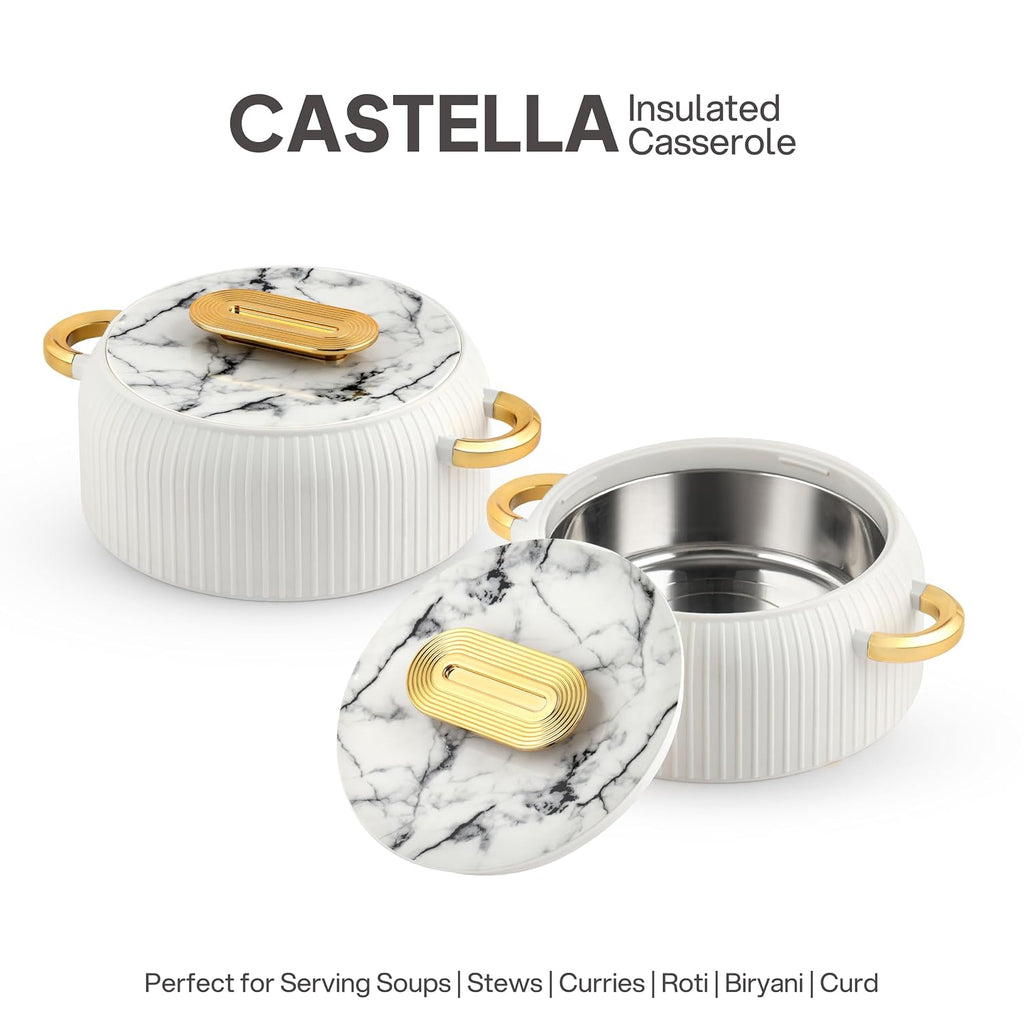 CELLO Castella Insulated Steel Casserole Hot Box Set of 2 Pcs for Kitchen 1000ml Gold White |
