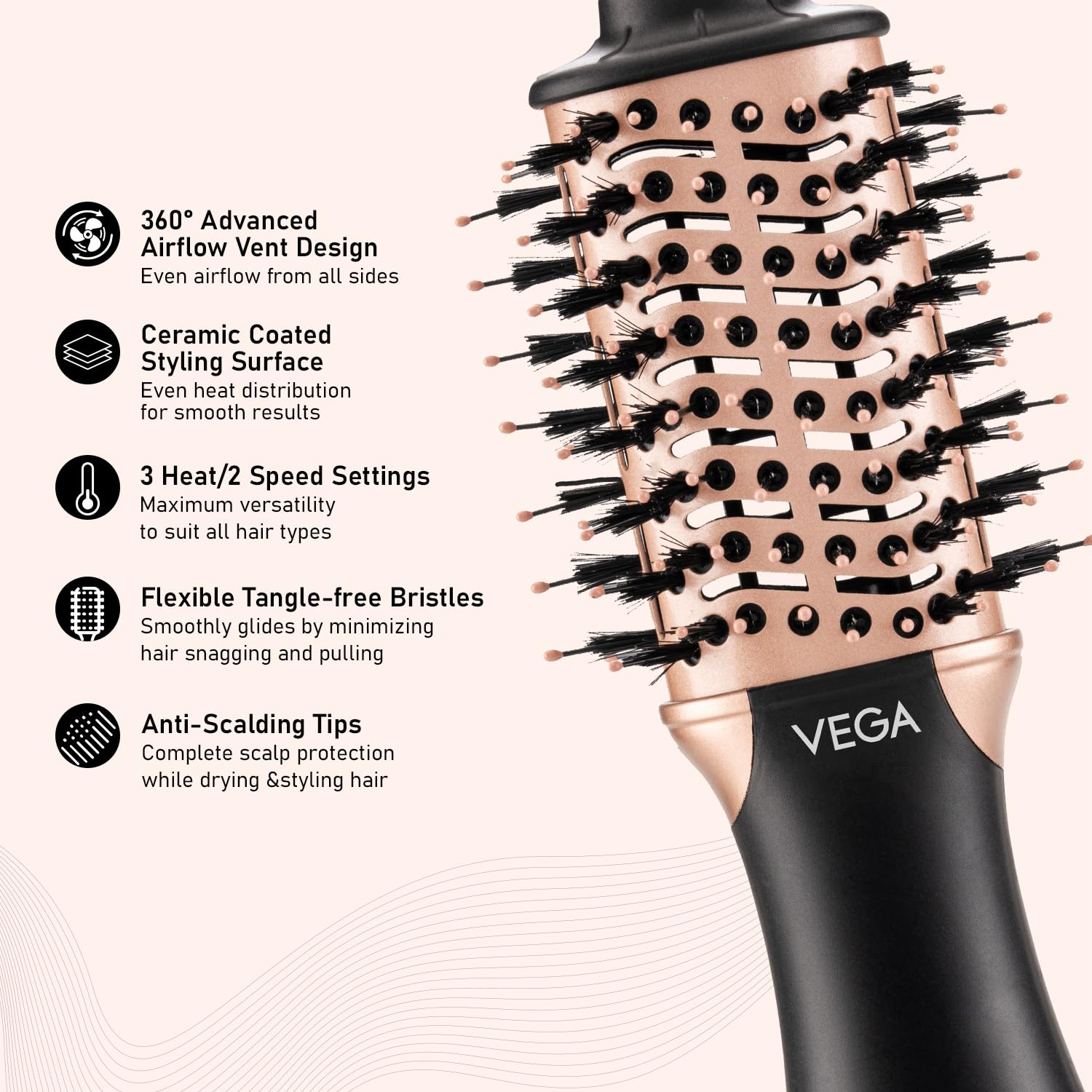 VEGA Litstyle L3 Volumizer Hair Blow Dryer Brush With 3 Heat/2 Speed Settings, 360° Airflow Vent, 3 in 1 Compact Hot Air Brush For Women, Tourmaline Ceramic