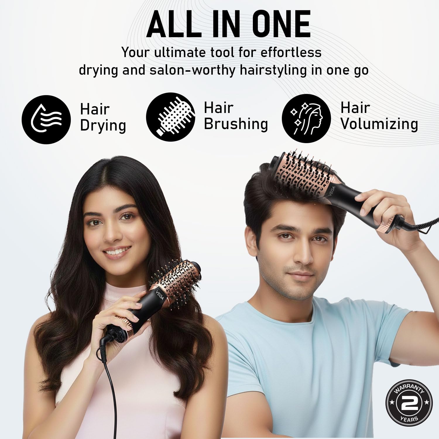 VEGA Litstyle L3 Volumizer Hair Blow Dryer Brush With 3 Heat/2 Speed Settings, 360° Airflow Vent, 3 in 1 Compact Hot Air Brush For Women, Tourmaline Ceramic