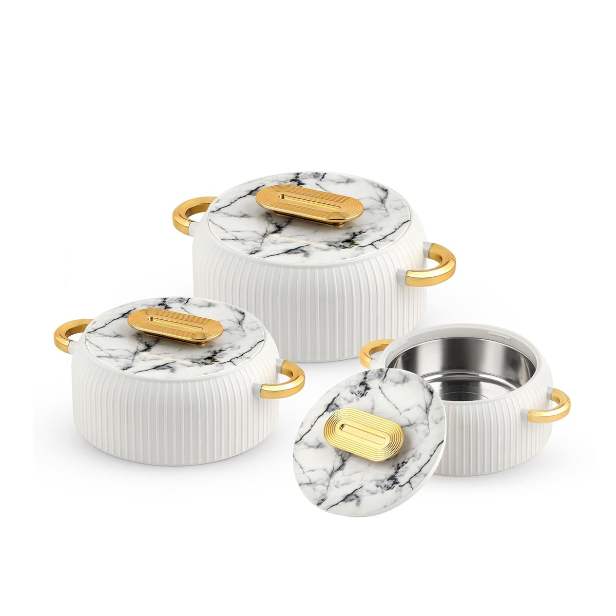 CELLO Castella Insulated Steel Casserole Set of 3 Pcs (1000ml, 1000ml, 1500ml) Gold White |
