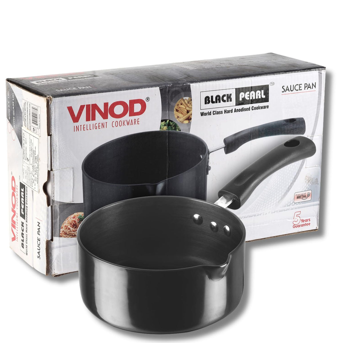 Vinod Black Pearl Hard Anodised Saucepan 1.7 Litre, 16cm | 3.25mm Thick | Metal Spoon Friendly | Ezee Pour Spout | Bakelite Handle | Toxin Free | 2 Year Warranty - Black