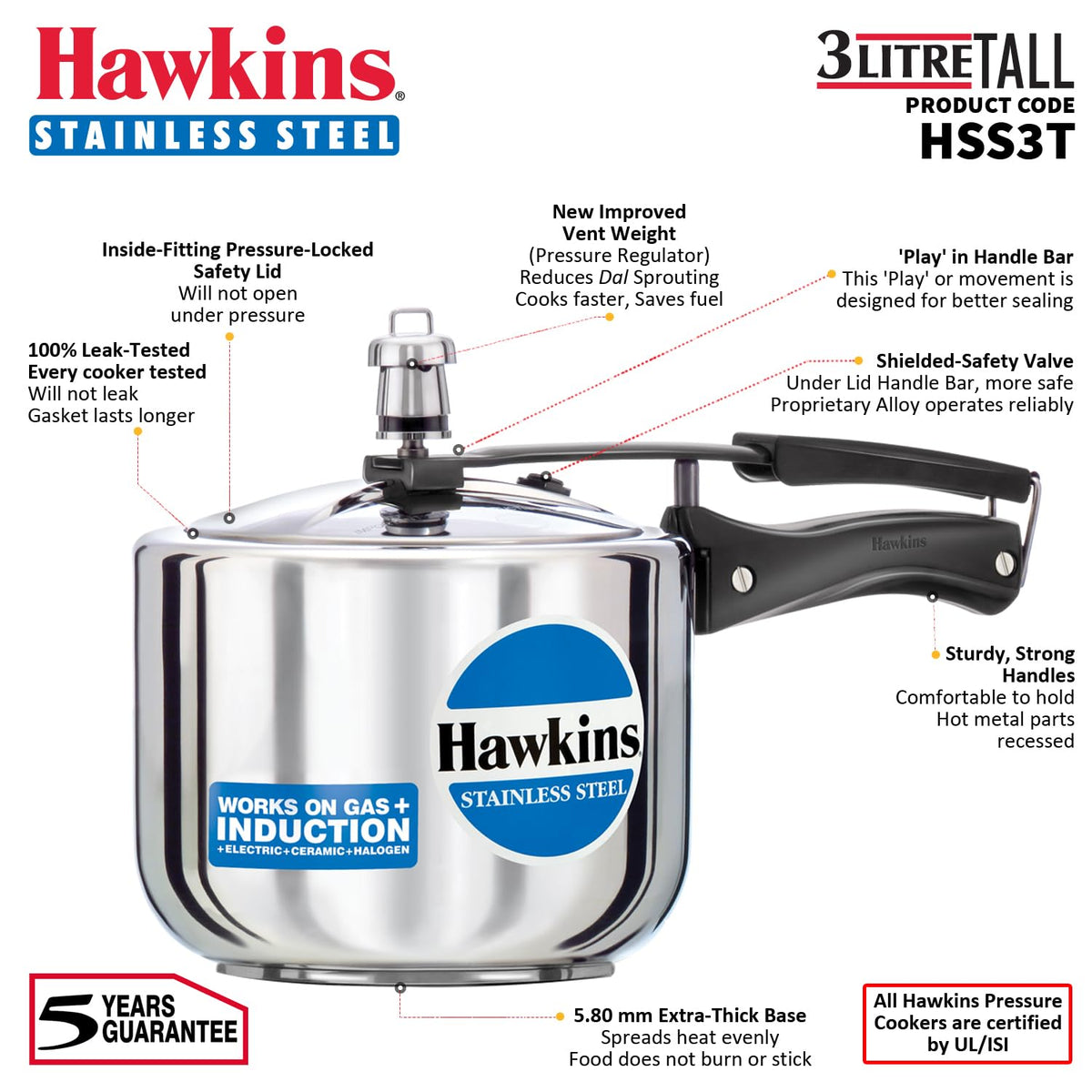 Hawkins 3 Litre Pressure Cooker, Stainless Steel Inner Lid Cooker, Induction Cooker, Silver (Hss3T), 3 Liter