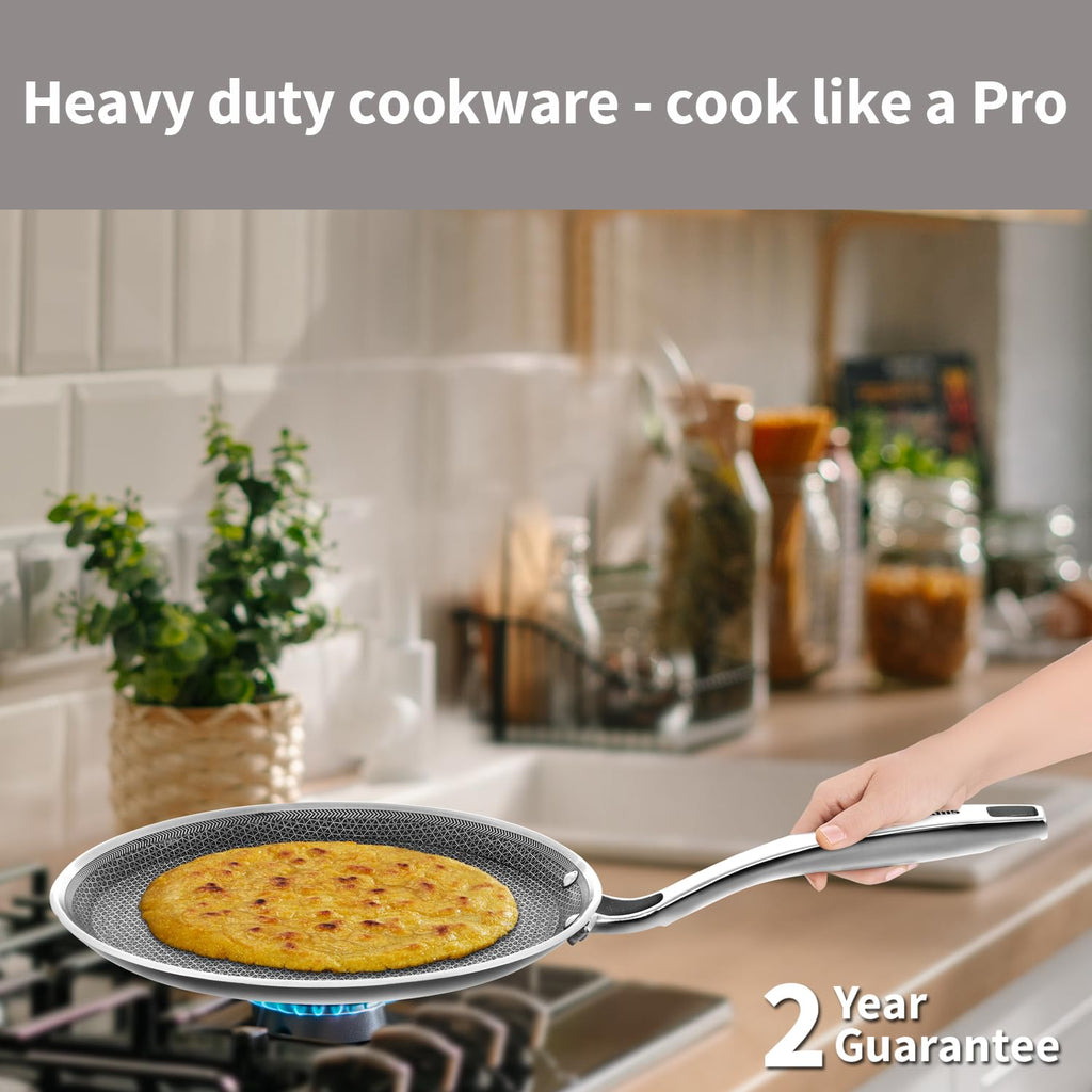 Hawkins 26 cm Triply with Shielded Nonstick Pro Flat Tava | Induction & Gas Compatible | Flat Surface, Spill-Resistant Rim | Silver (PSNFT26)