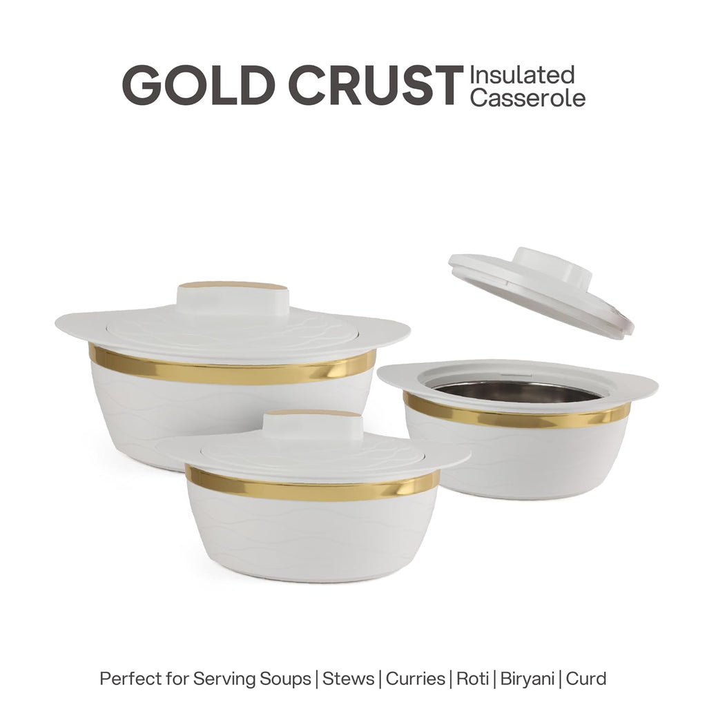 Cello Gold Crust Insulated Casserole Set of 3, (500ml, 1000ml, 1500ml) White |