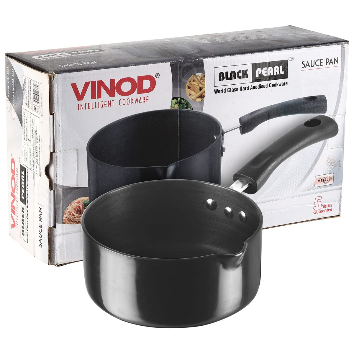 Vinod Black Pearl Hard Anodised Saucepan 1.7 Litre, 16cm | 3.25mm Thick | Metal Spoon Friendly | Ezee Pour Spout | Bakelite Handle | Toxin Free | 2 Year Warranty - Black