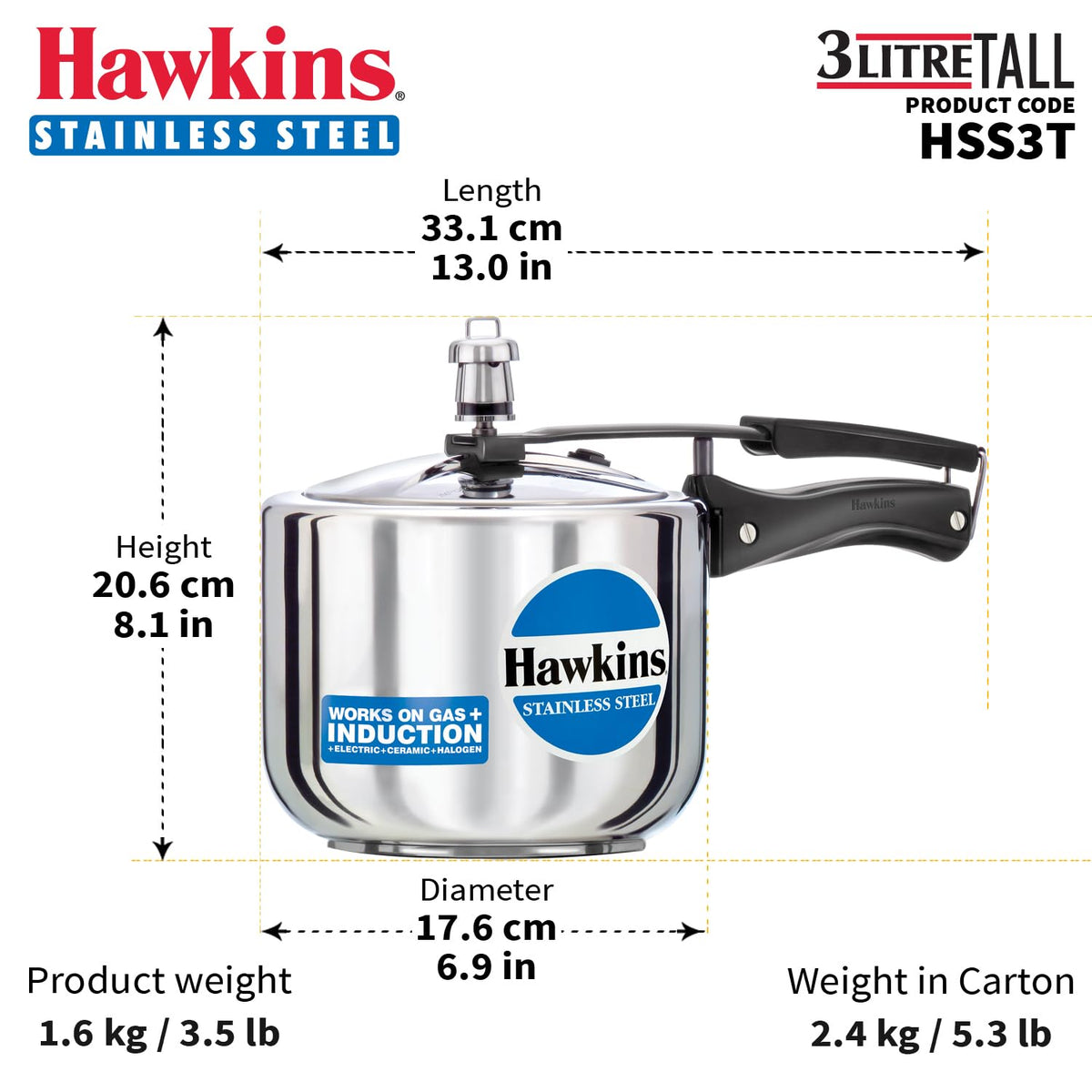 Hawkins 3 Litre Pressure Cooker, Stainless Steel Inner Lid Cooker, Induction Cooker, Silver (Hss3T), 3 Liter
