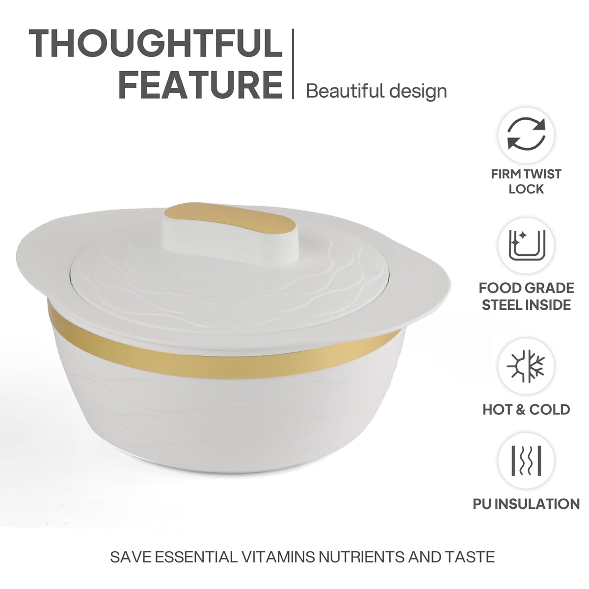 Cello Gold Crust Insulated Casserole Set of 3, (500ml, 1000ml, 1500ml) White |
