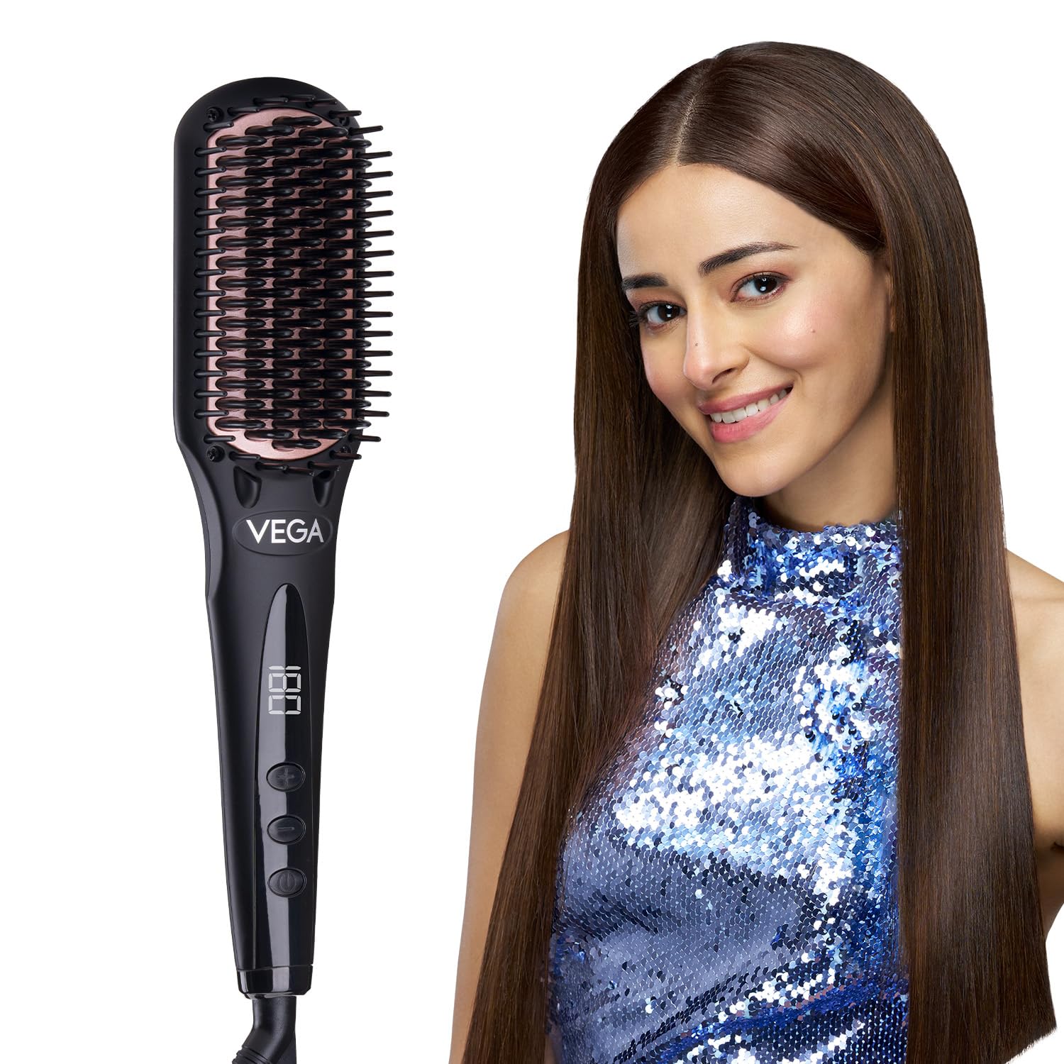 Vega Black Shine Hair Straightener Brush for Women, Straight in Min, Ionic & Thermoprotect Technology, 16 Temperature Settings
