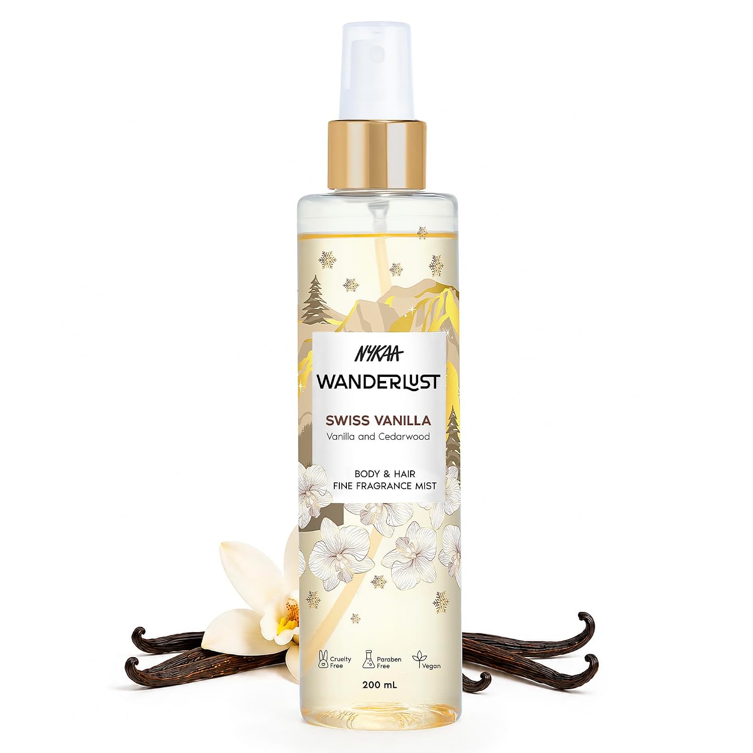 Nykaa Wanderlust Swiss Vanilla Body & Hair fine fragrance Mist 200 ml