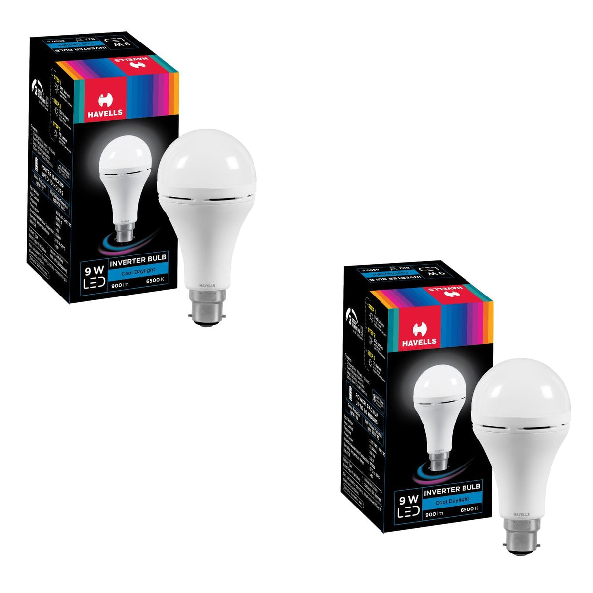 Havells 9W LED B22 Emergency Bulb |Energy Efficient| Cool Day White| inverter Bulb for Home| 10 hrs/7hrs/4hrs Hours Battery BackUp|3 Dimmable Mode Option| Over Charging Protection |Pack of 2