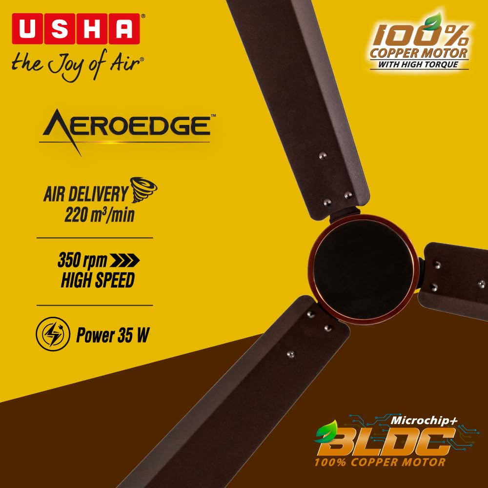 USHA AeroEdge 1200mm BLDC Ceiling Fan with RF Remote | BEE 5 Star Rated Energy Efficient | 100% Copper Motor | High Air Delivery 220CMM | 3-Year Motor &...