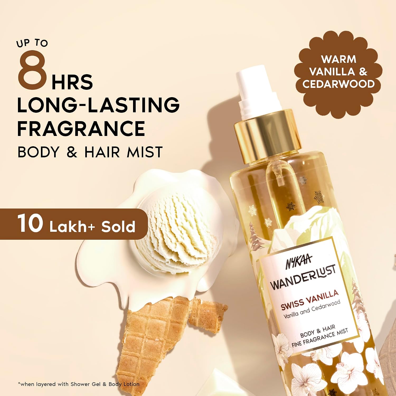 Nykaa Wanderlust Swiss Vanilla Body & Hair fine fragrance Mist 200 ml