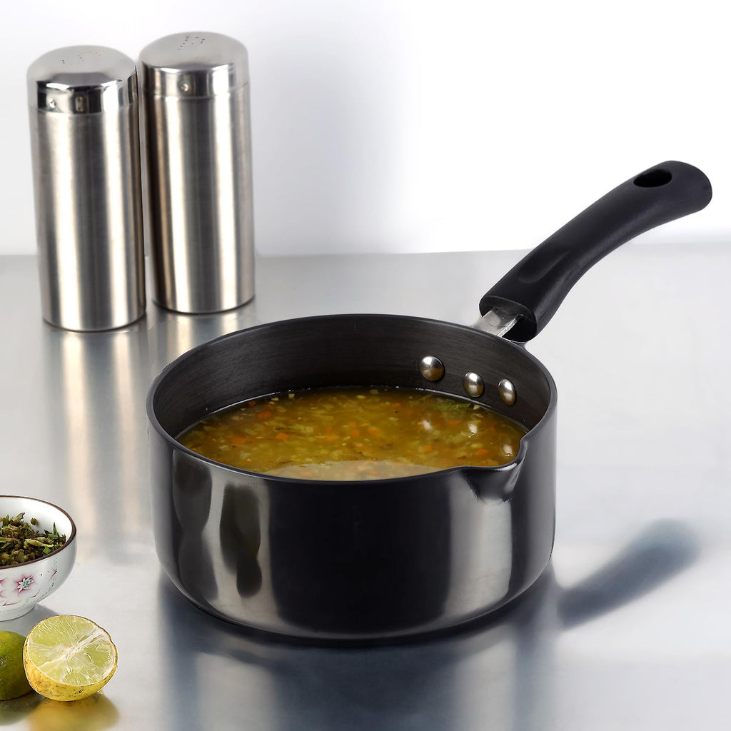 Vinod Black Pearl Hard Anodised Saucepan 2.3 Litre, 18cm | 3.25mm Thick | Metal Spoon Friendly | Ezee Pour Spout | Bakelite Handle | Toxin Free | 2 Year Warranty - Black