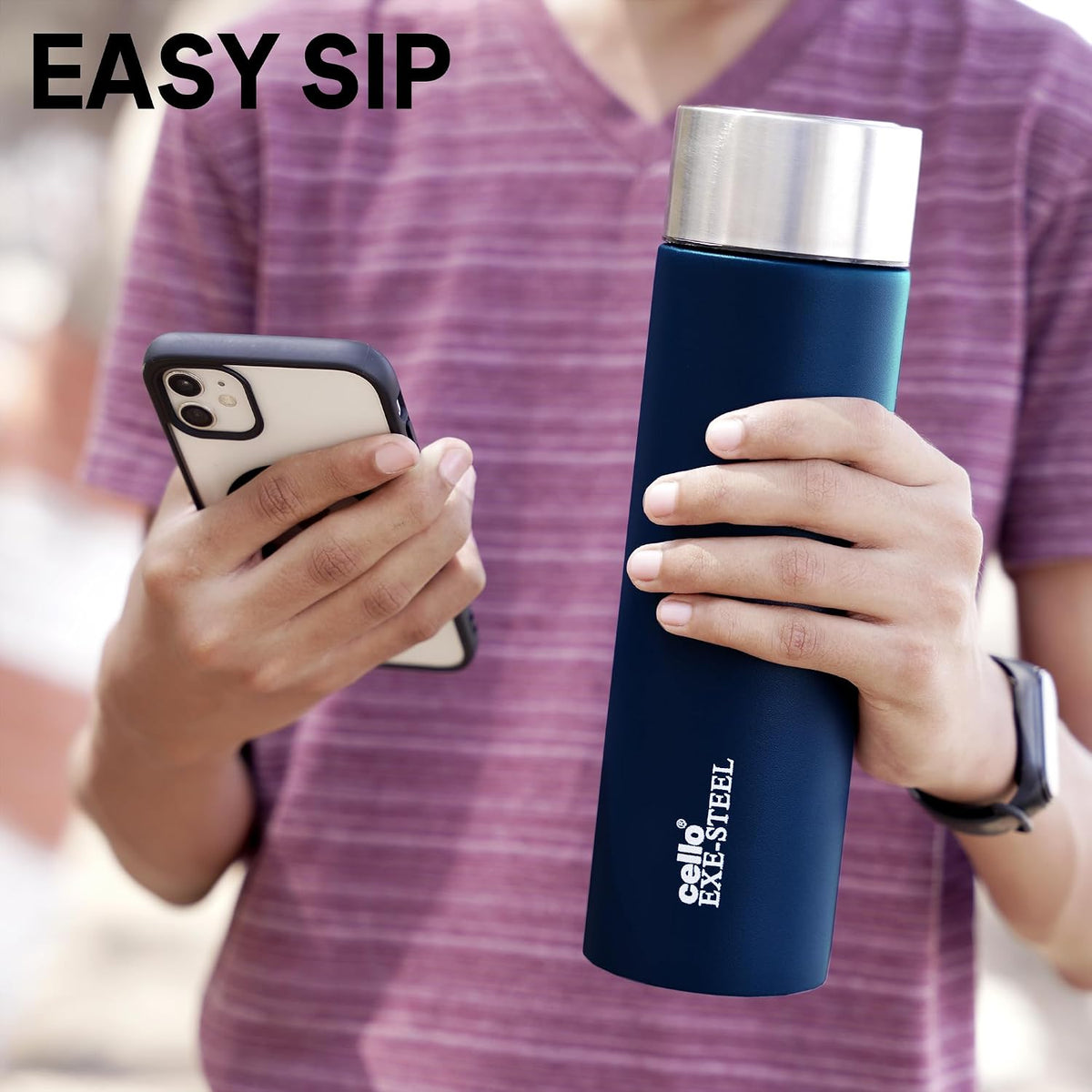 CELLO H2O Matt Stainless Steel Water Bottle For Office & Daily Use 1000 ml Navy Blue | Single Wall Freezer & Fridge Safe, Lightweight & Stylish Leakproof Rustproof Steel Water Bottle For School Travel