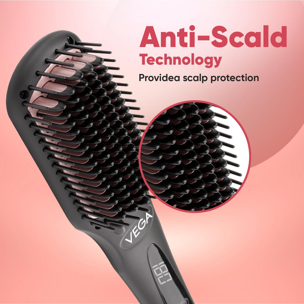 Vega Black Shine Hair Straightener Brush for Women, Straight in Min, Ionic & Thermoprotect Technology, 16 Temperature Settings