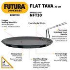 Hawkins Futura 30 cm Flat Tava, Non Stick Tawa with Stainless Steel Handle, Tawa with Rim, Pancake Pan, Flat Pan, Black (NFT30)