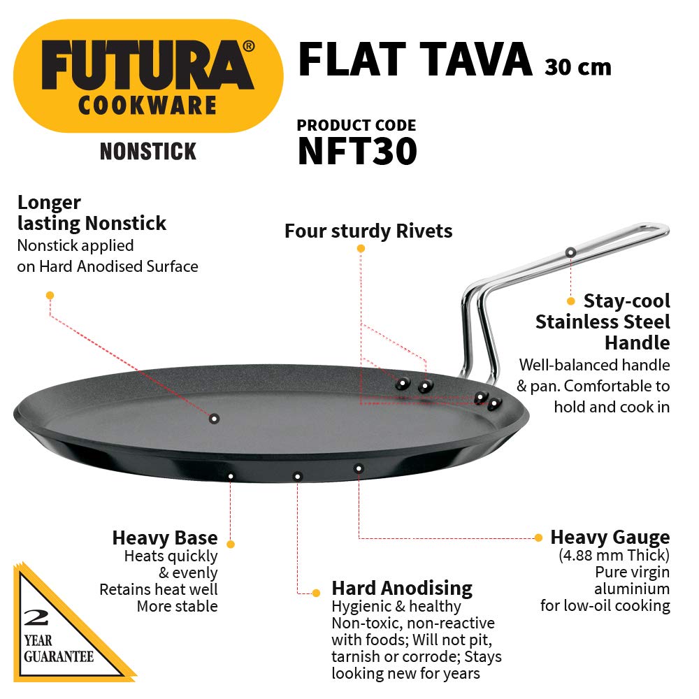 Hawkins Futura 30 cm Flat Tava, Non Stick Tawa with Stainless Steel Handle, Tawa with Rim, Pancake Pan, Flat Pan, Black (NFT30)