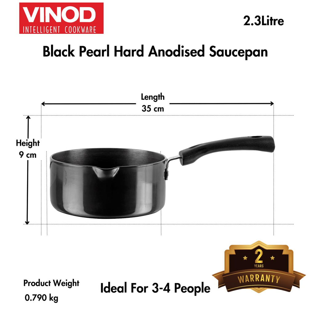 Vinod Black Pearl Hard Anodised Saucepan 2.3 Litre, 18cm | 3.25mm Thick | Metal Spoon Friendly | Ezee Pour Spout | Bakelite Handle | Toxin Free | 2 Year Warranty - Black