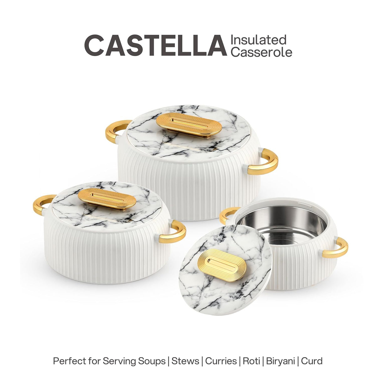 CELLO Castella Insulated Steel Casserole Set of 3 Pcs (1000ml, 1000ml, 1500ml) Gold White |