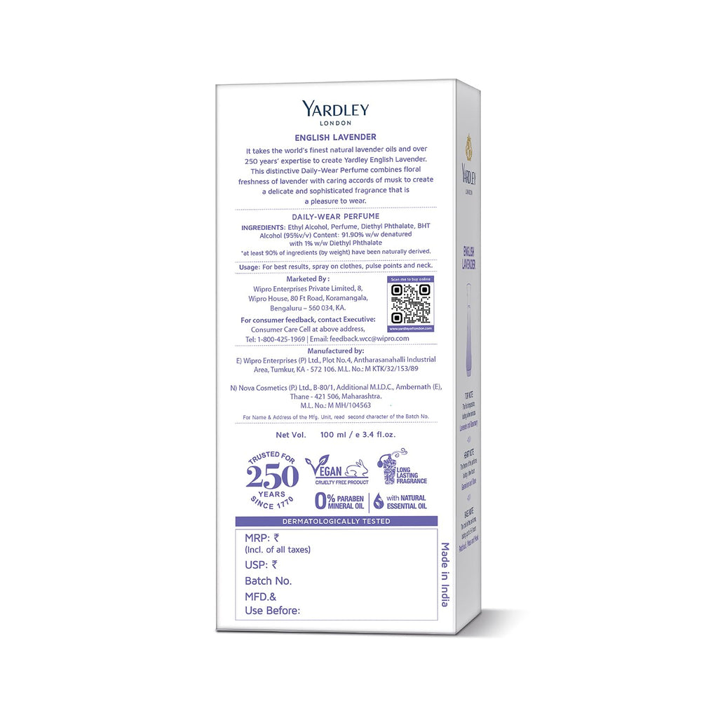 Yardley London English Lavender Perfume for Women, 100ml – 90% Naturally Derived, Daily Wear Spray | Lavender & Musk Fragrance