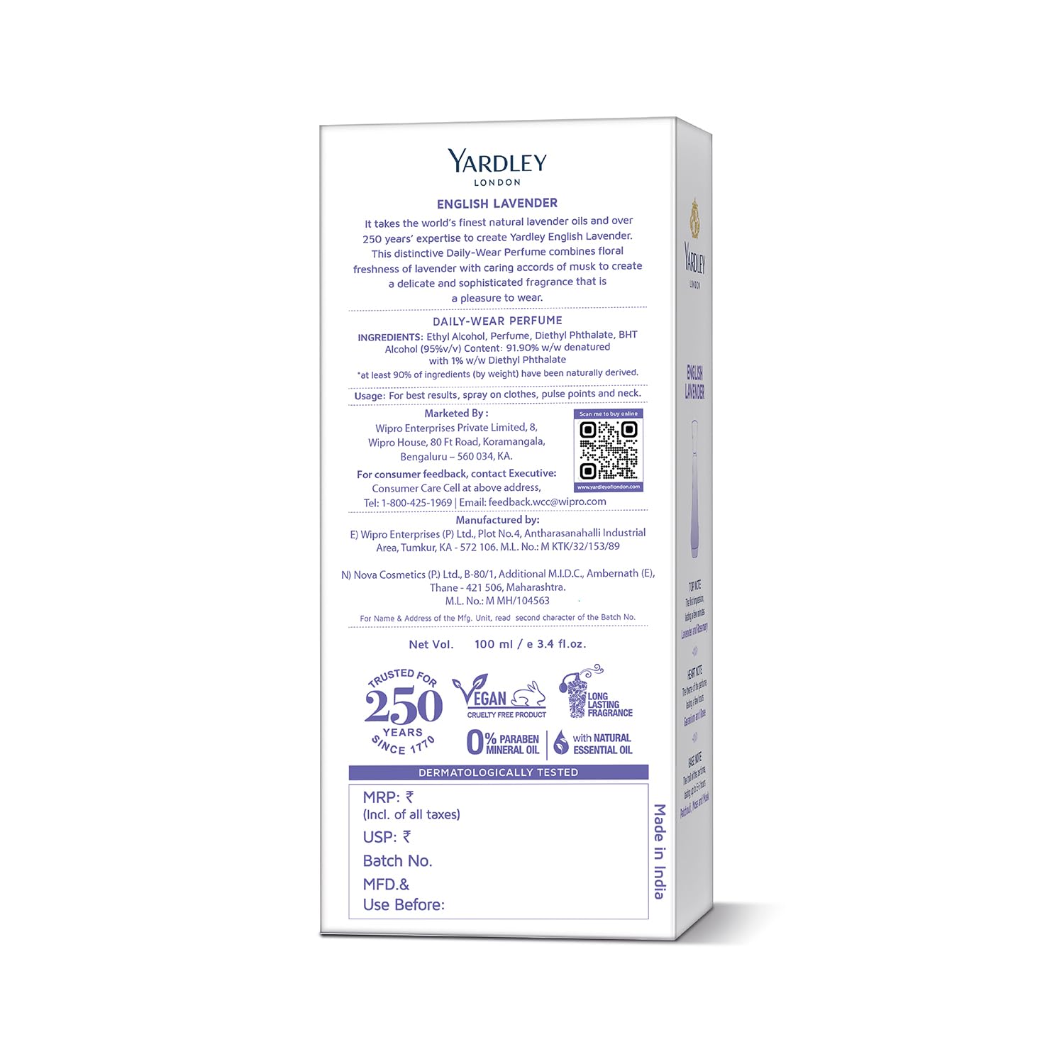 Yardley London English Lavender Perfume for Women, 100ml – 90% Naturally Derived, Daily Wear Spray | Lavender & Musk Fragrance