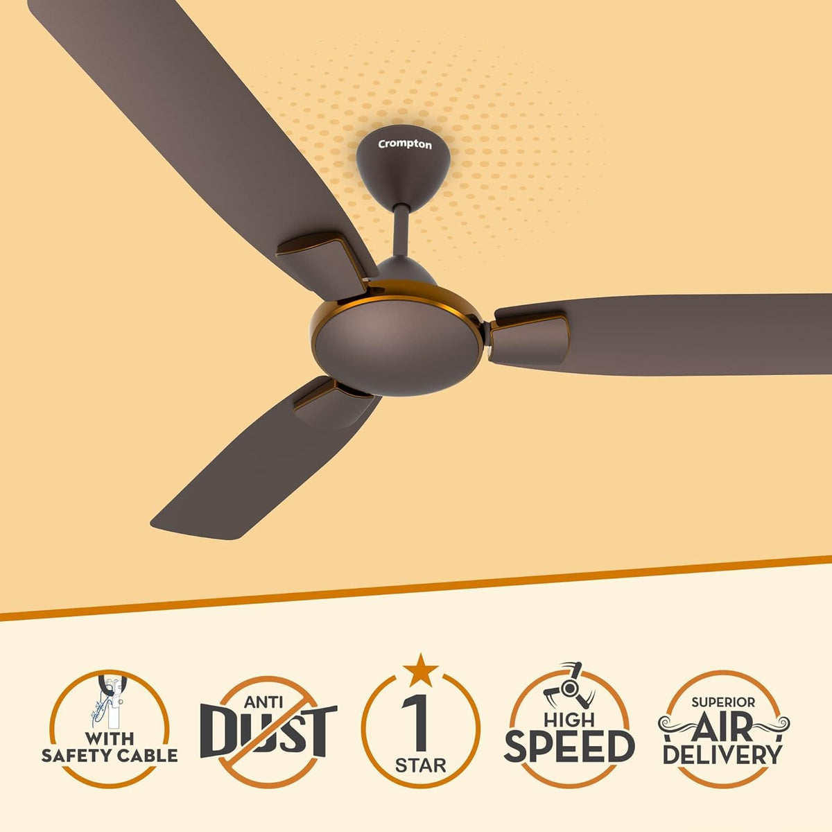 Crompton Highspeed Toro 1200 mm Designer Ceiling Fan | BEE Star Rated Energy Efficient | Anti-Dust | Active Power Technology | Upto 50% Less Heating | 2 Year Manufacturer Warranty | Magic Brown