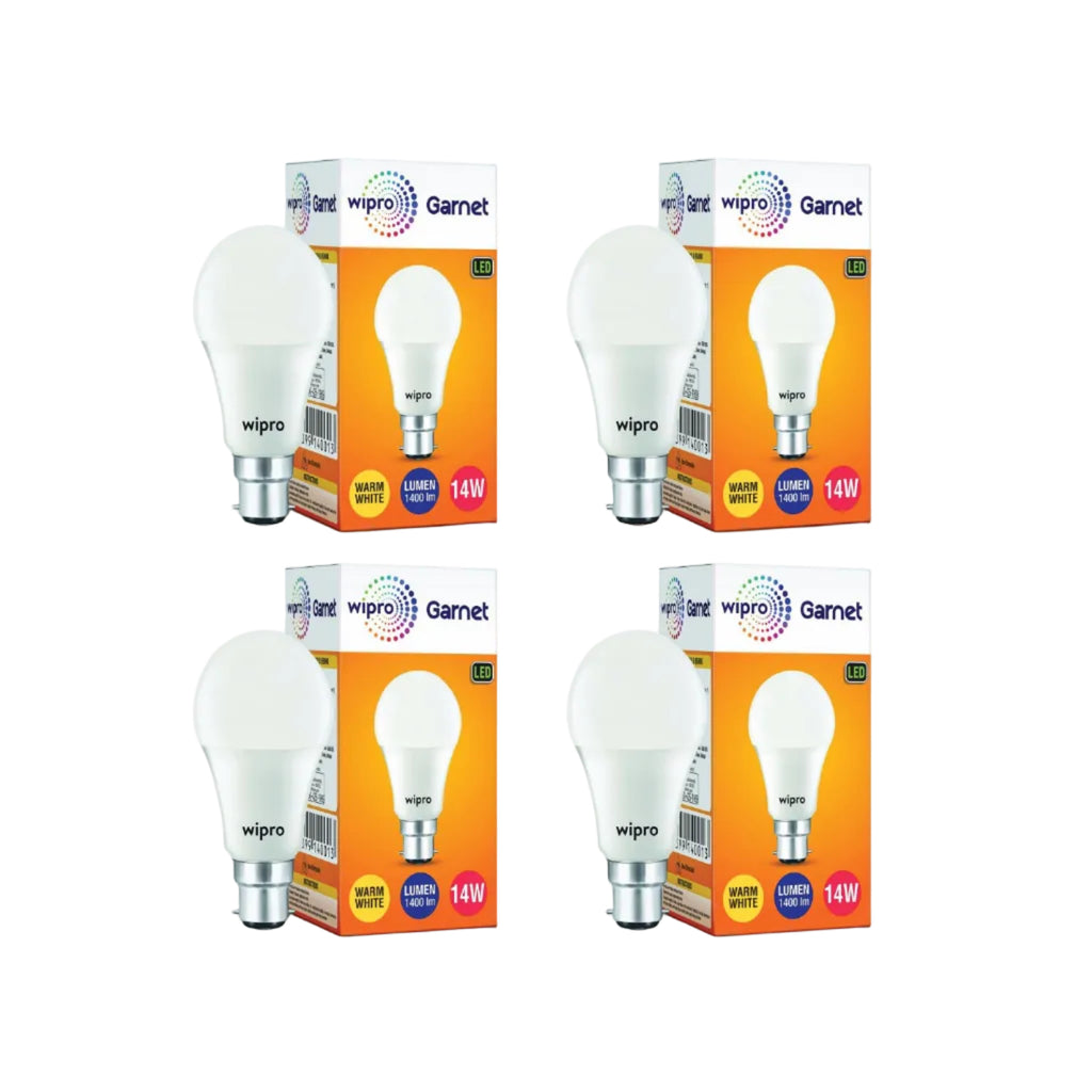wipro Garnet 14W LED Bulb for Home & Office |Warm White (2700K) | B22 Base|220 degree Light coverage |4Kv Surge Protection |400V High Voltage Protection |Energy Efficient | Pack of 4