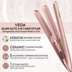 Vega Glam Glitz 2 In 1 Hair Styler, Straightener & Crimper with Keratin Infused Ceramic Coated Plates & 5