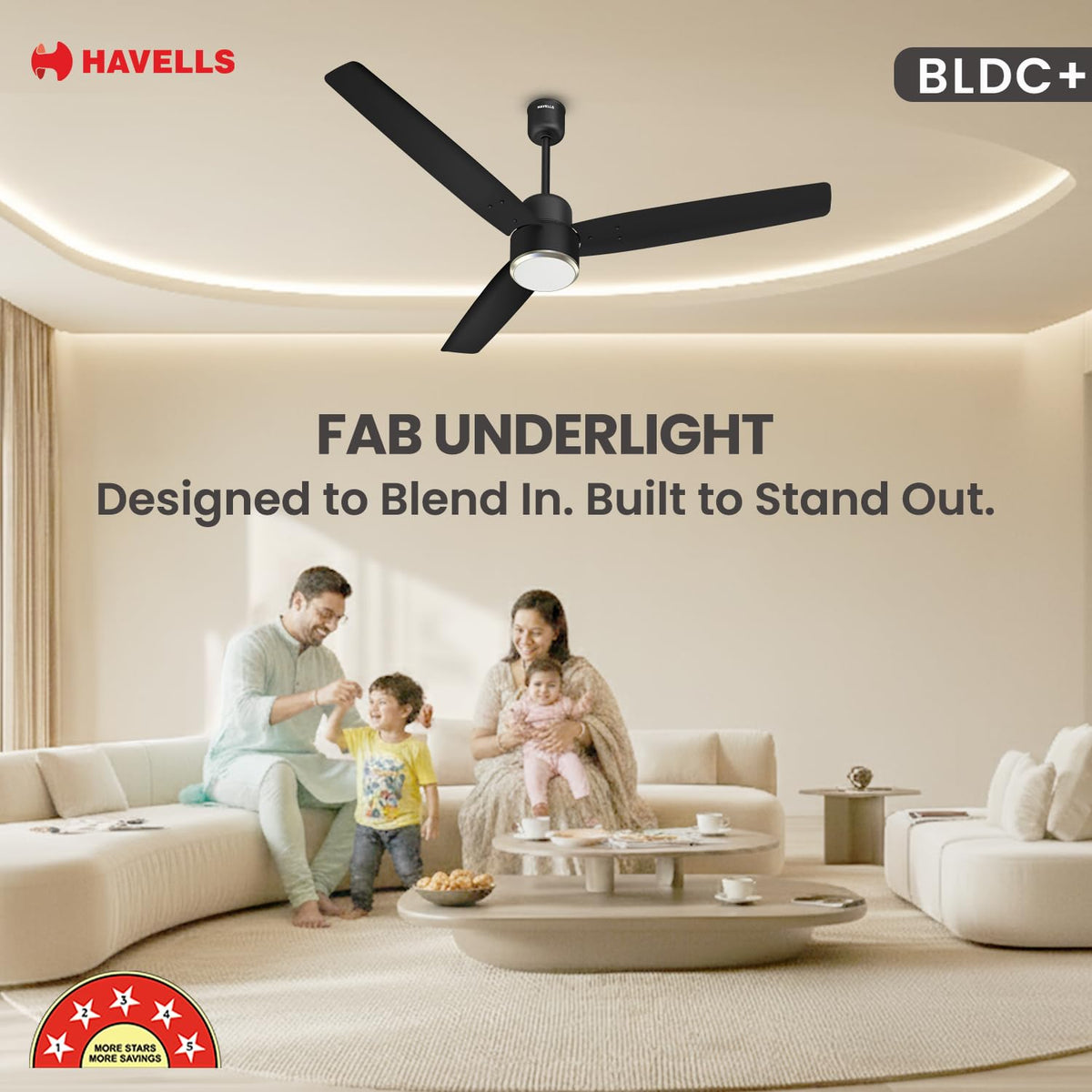 Havells FAB BLDC Underlight 1200 mm Ceiling Fan| 5 Star| Upto 65% Saving| Air Delivery: 235 cmm|Low Wattage: 30W|