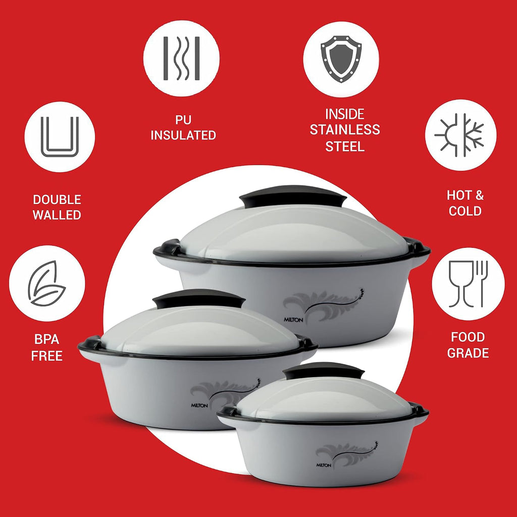 MILTON Crisp DLX Insulated Inner Steel Casserole, Set of 3, (430 ml, 1.05 litres, 1.70 litres) Grey
