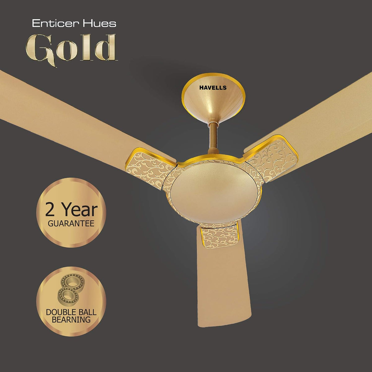 Havells Enticer Hues 1200mm Decorative, Dust Resistant, High Power in Low Voltage (HPLV), High Speed Ceiling Fan (Gold)