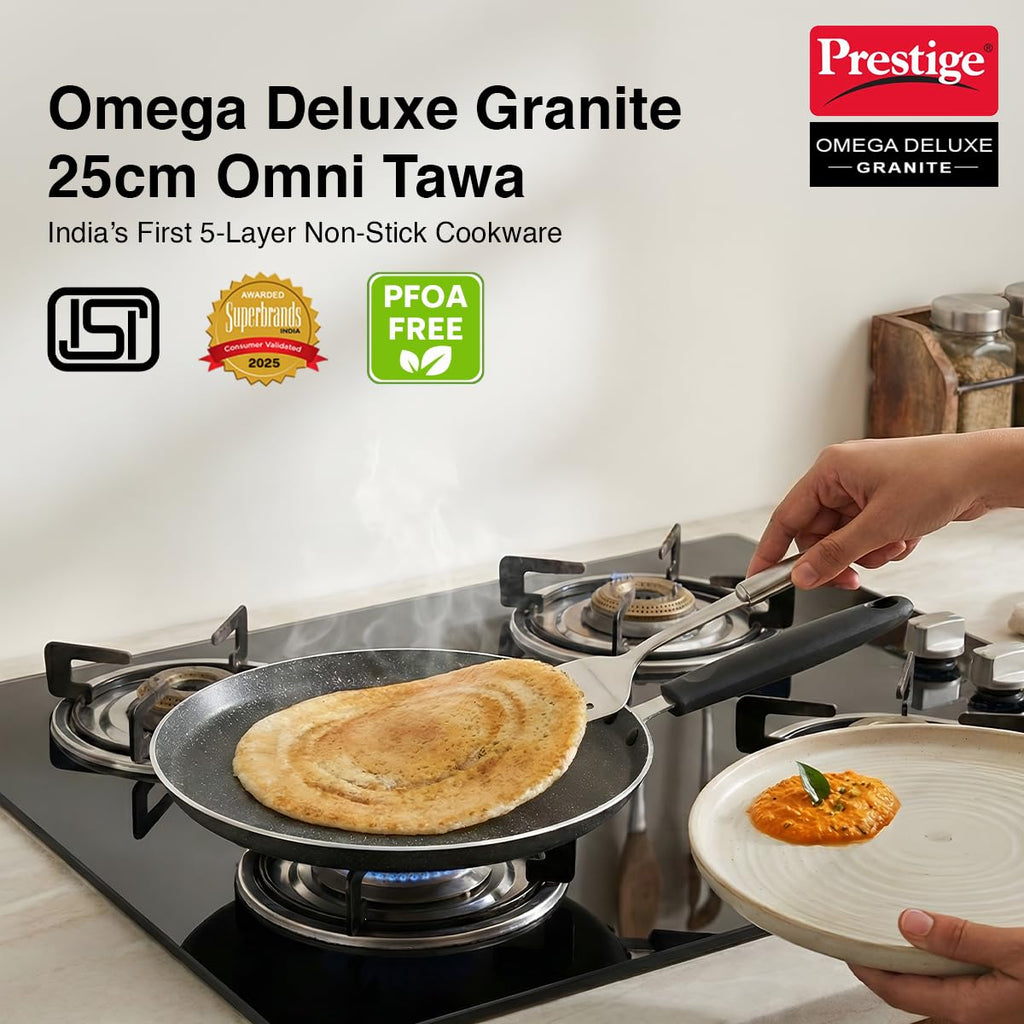 Prestige Omega Deluxe 25cm Granite Dosa Tawa|Non-Stick with 5 Layers Coating|Dishwasher Safe|